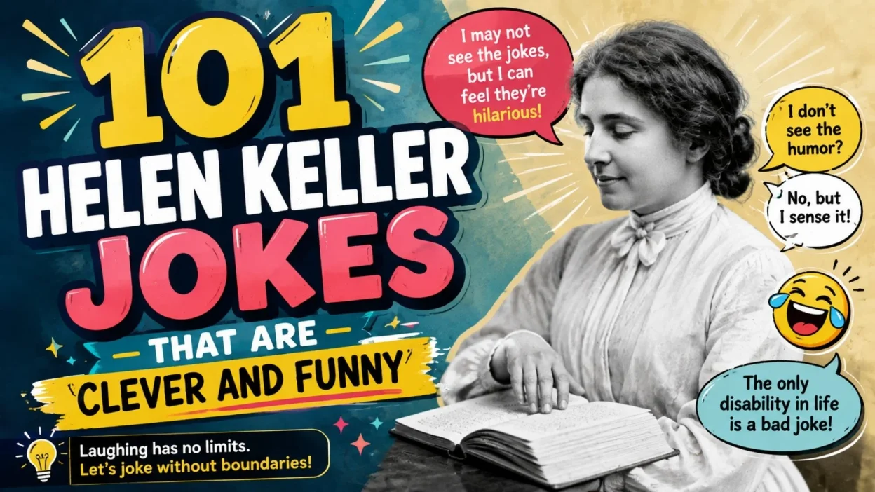 101 Helen Keller jokes that are clever and funny with a playful comedy-themed graphic