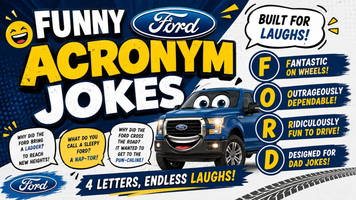 Funny Ford acronym jokes with a cartoon Ford truck and playful car-themed humor