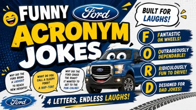 Funny Ford acronym jokes with a cartoon Ford truck and playful car-themed humor
