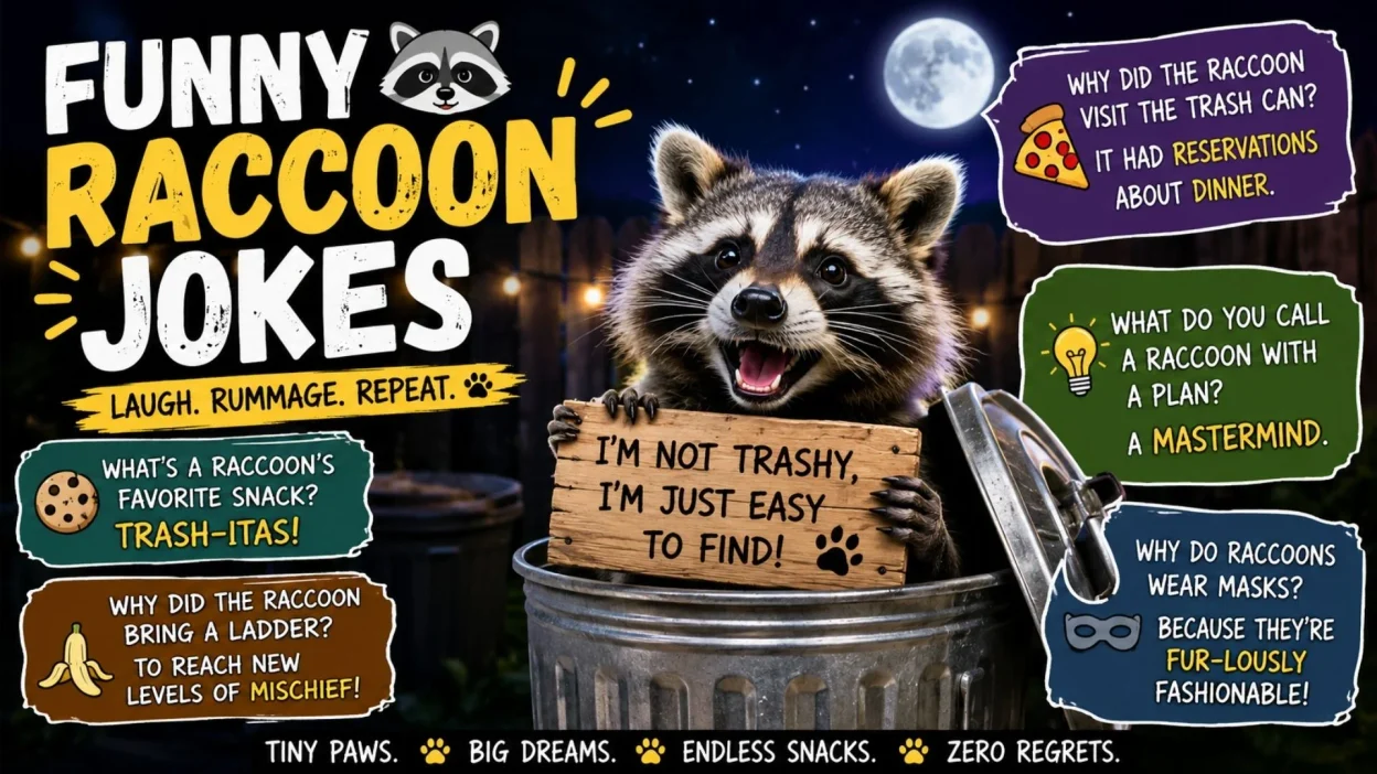 Funny raccoon jokes with playful masked raccoons, snacks, and humorous captions