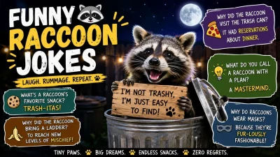 Funny raccoon jokes with playful masked raccoons, snacks, and humorous captions