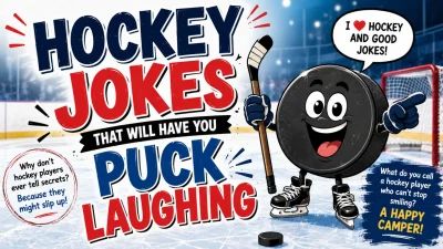 Funny hockey jokes with a cartoon puck on an ice rink