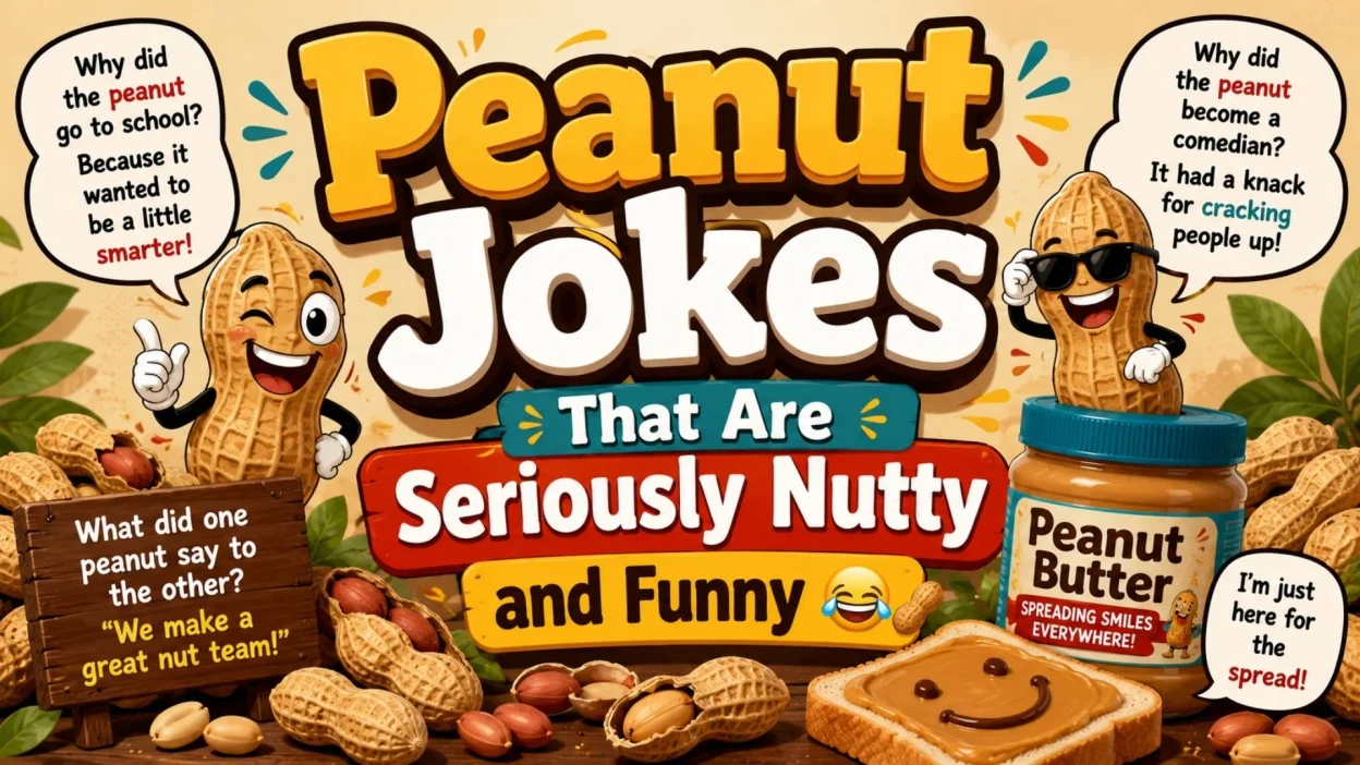 Funny peanut jokes with a cute peanut character and playful humor