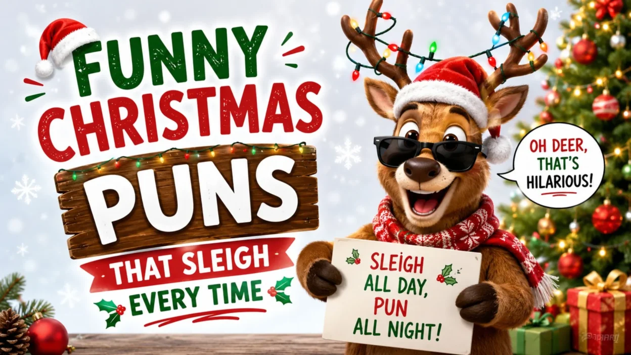 Funny Christmas puns with a festive reindeer and holiday decorations.