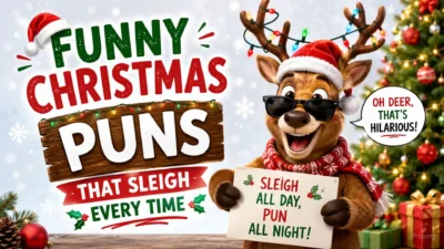 Funny Christmas puns with a festive reindeer and holiday decorations.