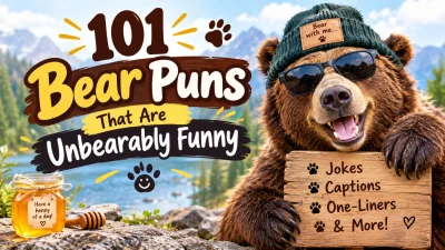 101 funny bear puns with a playful bear wearing sunglasses