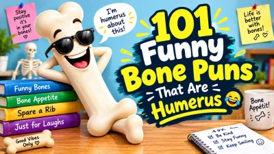 101 funny bone puns with a cheerful cartoon bone mascot