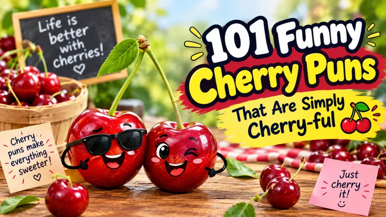Funny cherry puns with cheerful cherries