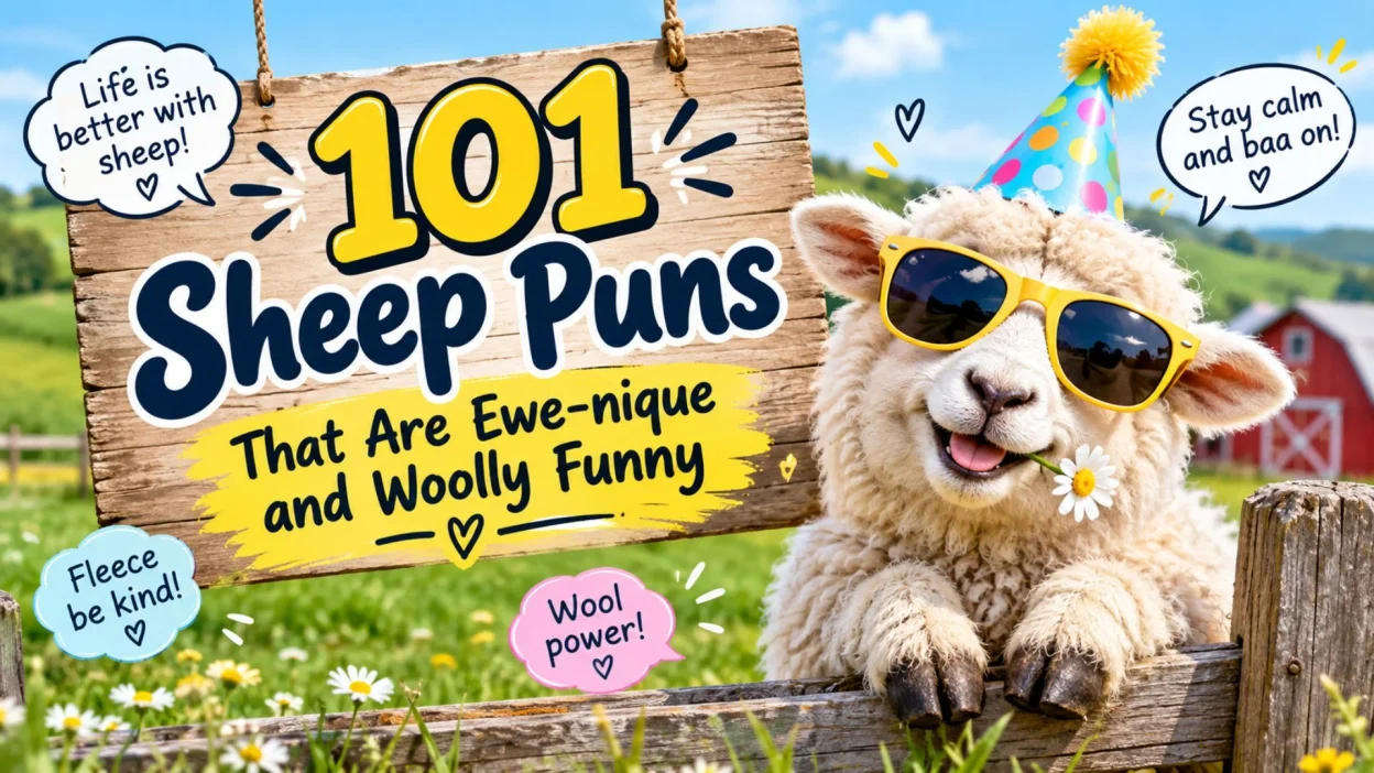 101 funny sheep puns with a cheerful sheep wearing sunglasses in a colorful farm setting
