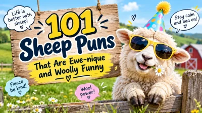 101 funny sheep puns with a cheerful sheep wearing sunglasses in a colorful farm setting