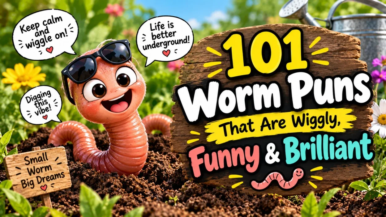 101 funny worm puns with a cute smiling worm in a garden
