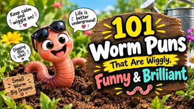 101 funny worm puns with a cute smiling worm in a garden