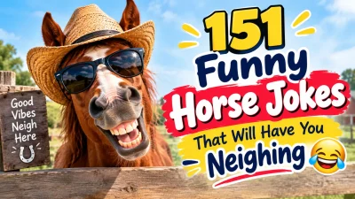 151 funny horse jokes with a laughing horse wearing sunglasses