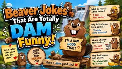 Funny beaver jokes with cartoon beavers and dam puns