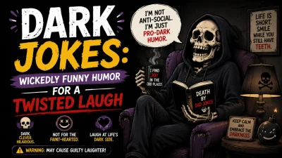 Dark jokes graphic with a spooky skeleton and twisted humor theme