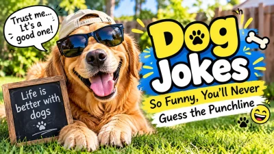 Funny dog jokes graphic with playful golden retriever