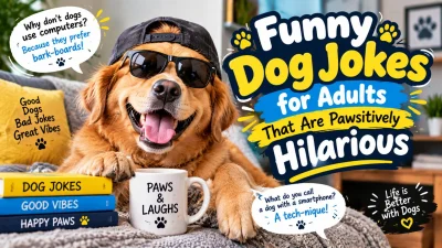 Funny dog jokes for adults featuring a smiling golden dog wearing sunglasses and a cap