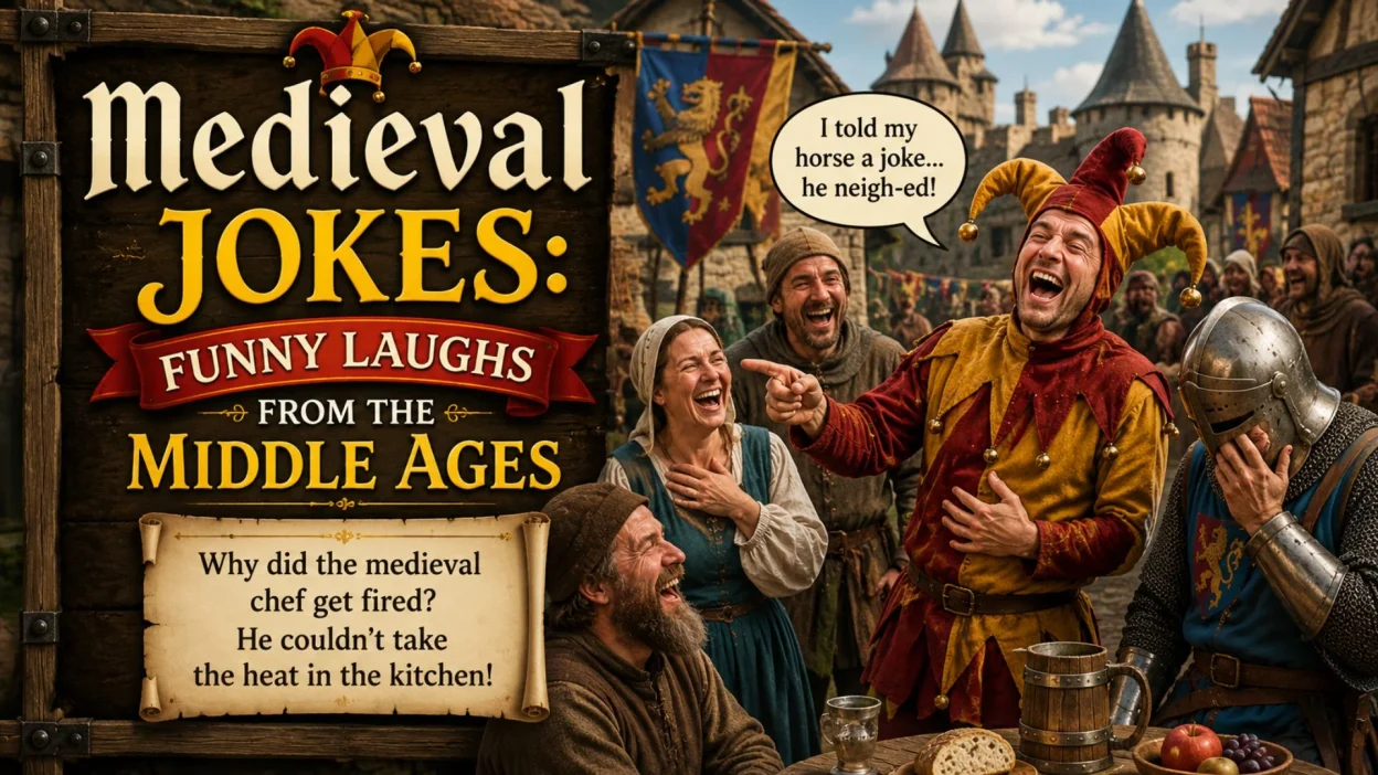 Funny medieval jokes with a laughing jester, villagers, and knight.