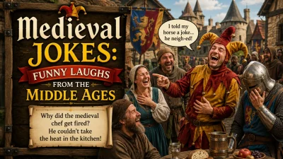 Funny medieval jokes with a laughing jester, villagers, and knight.