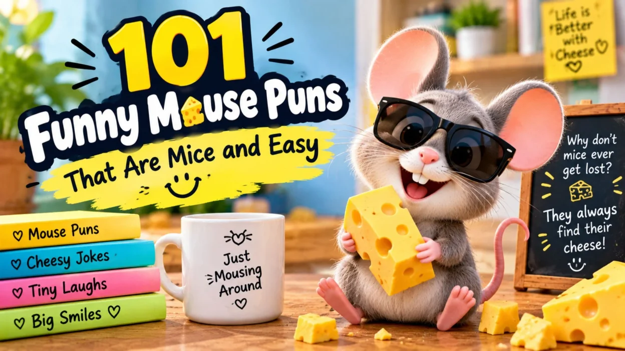 101 funny mouse puns with a cute mouse holding cheese