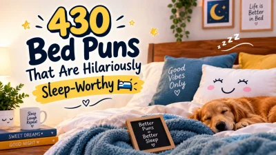 430 bed puns with a cozy bed, smiling pillow, soft blankets, and a sleeping dog