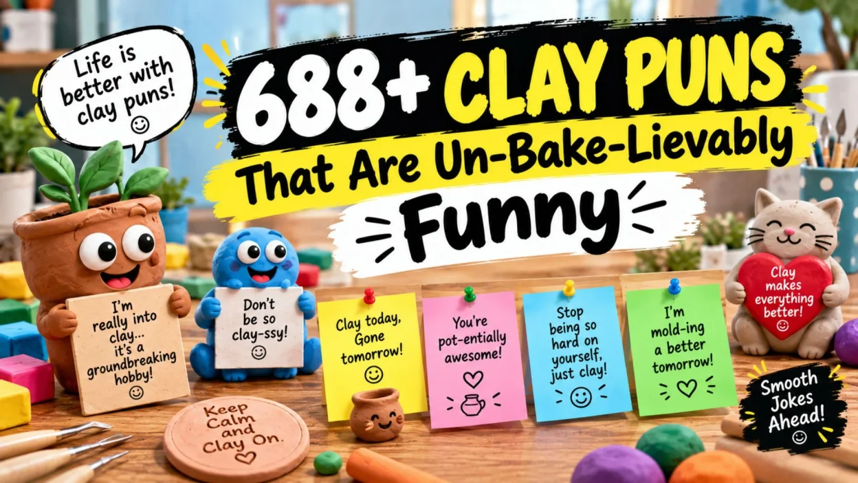 688+ clay puns that are un-bake-lievably funny with colorful clay characters and creative pottery crafts