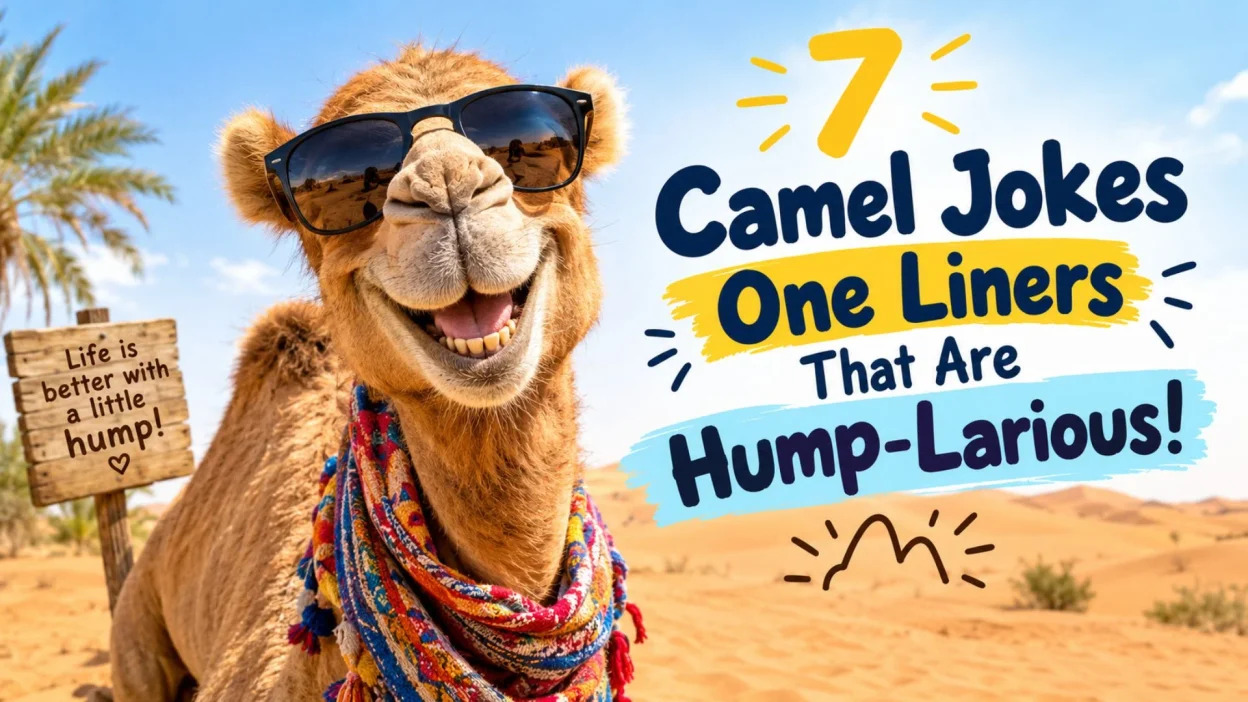 Funny camel wearing sunglasses in the desert with a humorous camel jokes one liners title