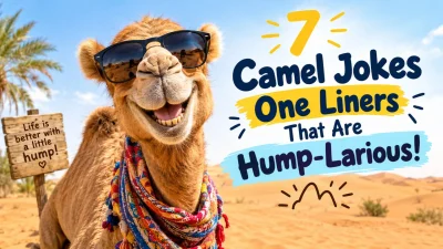 Funny camel wearing sunglasses in the desert with a humorous camel jokes one liners title