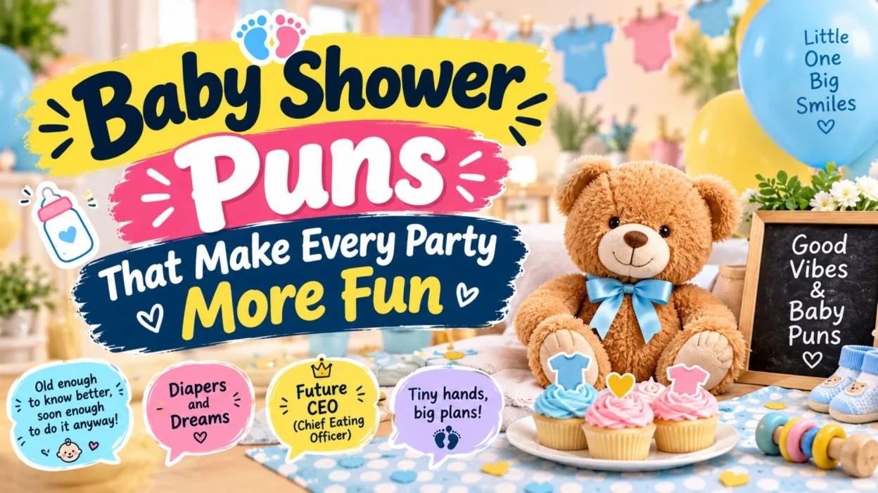 Baby shower puns that make every party more fun, featuring pastel balloons, teddy bears, cupcakes, and cute baby shower decorations.