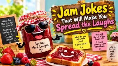 Funny jam jokes image featuring a smiling jam jar, jam-covered toast, fresh berries, and colorful pun signs.