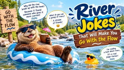 Funny river jokes with a relaxed otter floating in a river and playful river puns.