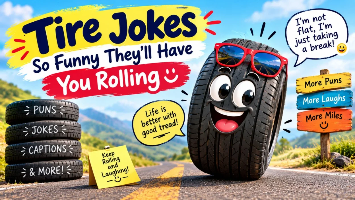 Funny tire jokes and clever tire puns with playful wheel-themed humor