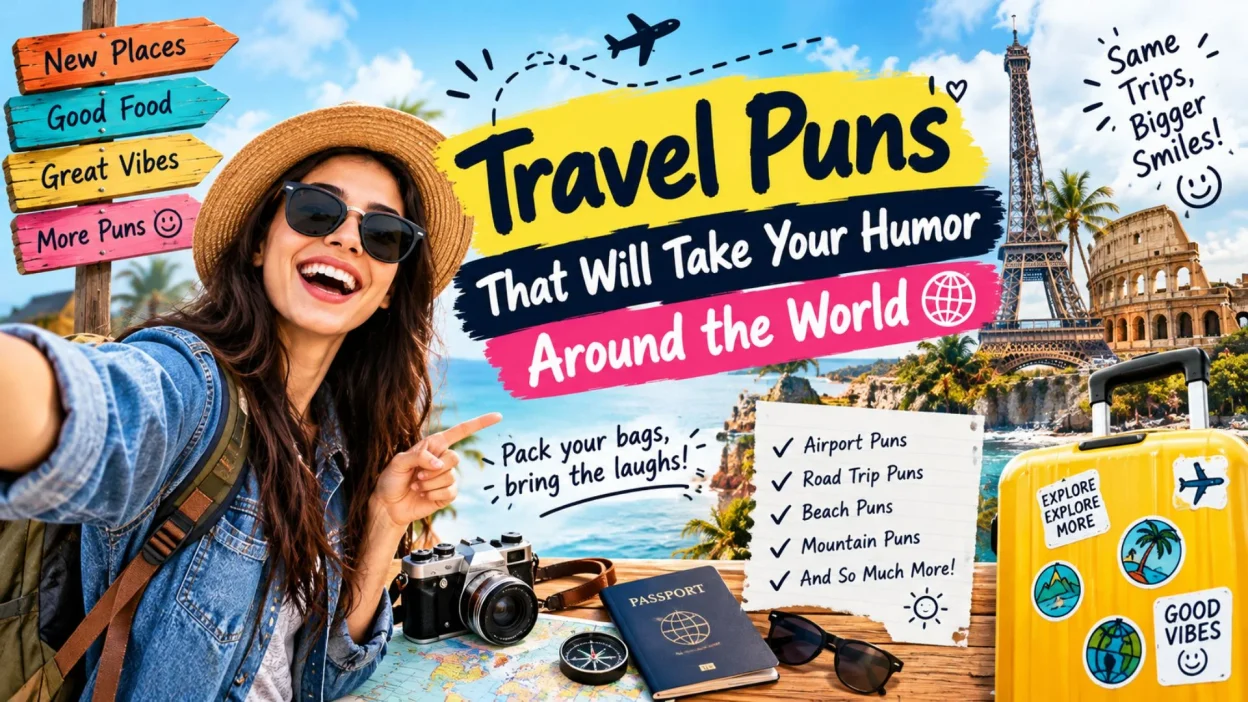 Travel puns banner featuring a smiling traveler, yellow suitcase, passport, camera, world landmarks, and funny travel-themed captions.
