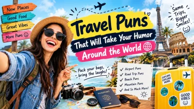 Travel puns banner featuring a smiling traveler, yellow suitcase, passport, camera, world landmarks, and funny travel-themed captions.